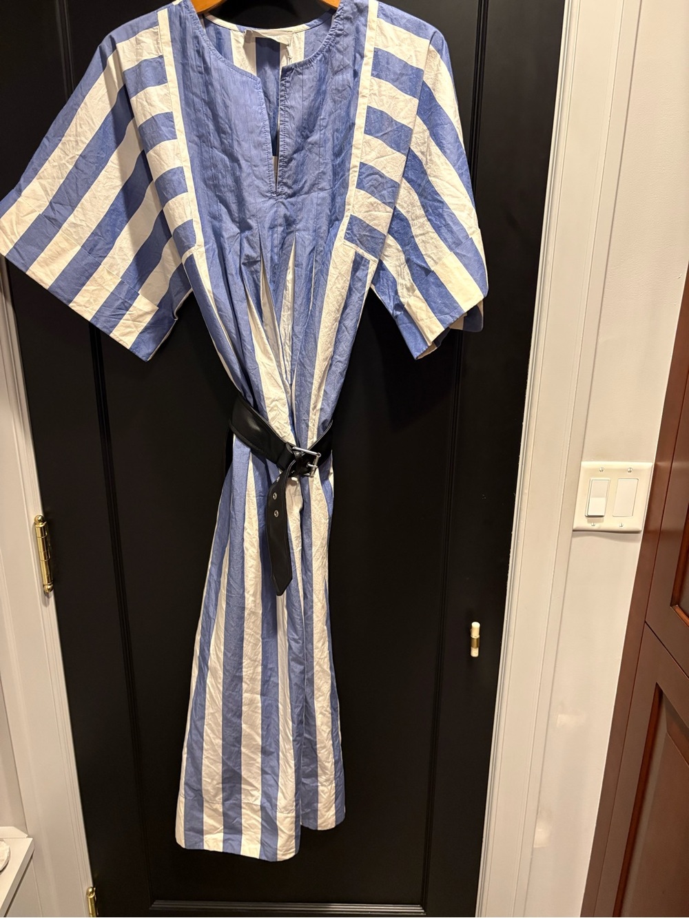 Everlane Blue White Striped poplin maxi caftan with pleats nwt m has pockets - Picture 11 of 13